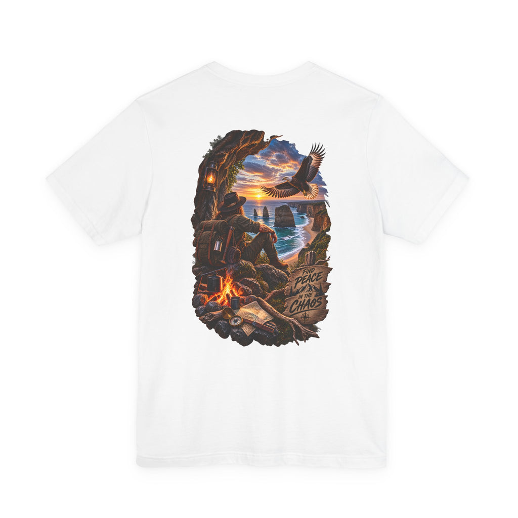 T-shirt Aventure au feu de camp côtier — Tee-shirt Coucher de soleil, Aigle & Explorateur du bord de mer