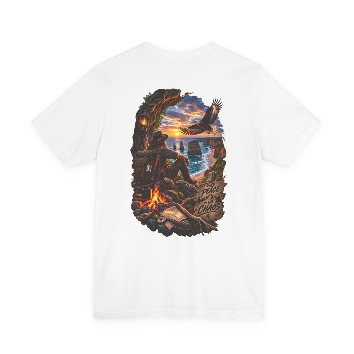 Coastal Campfire Adventure T-Shirt — Sunset, Eagle & Seaside Explorer Tee