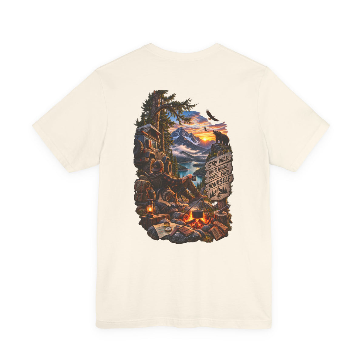 Camping Scene Backprint Tee — 'Stay Wild' Mountain Campfire Graphic T‑Shirt