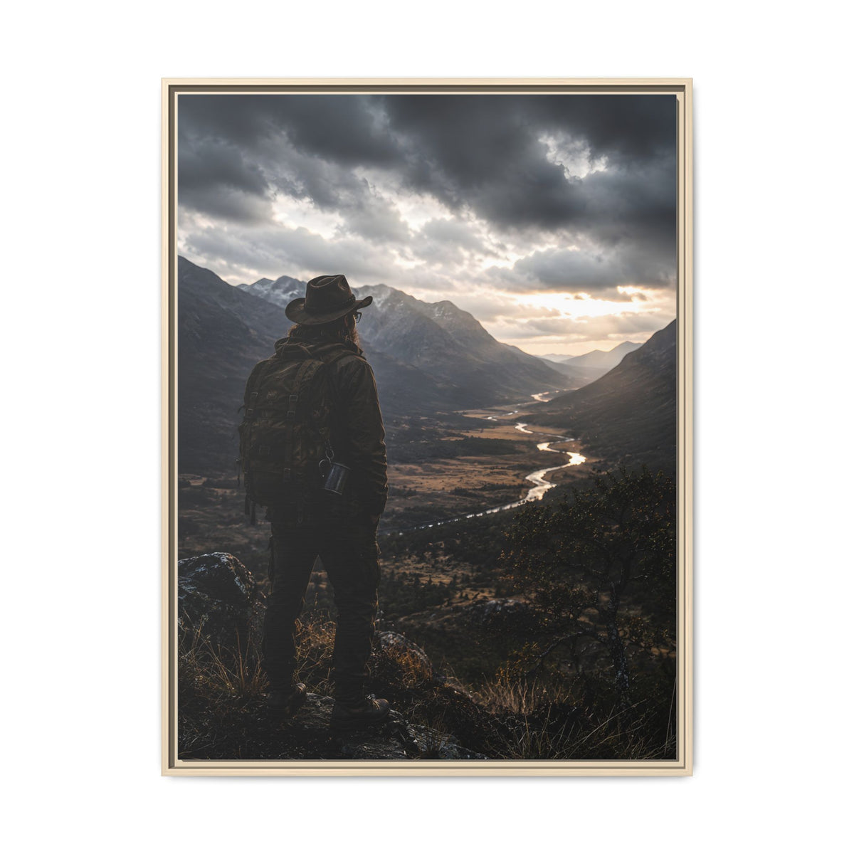 Wanderer in the Valley Matte Framed Canvas – Adventure Landscape Wall Art