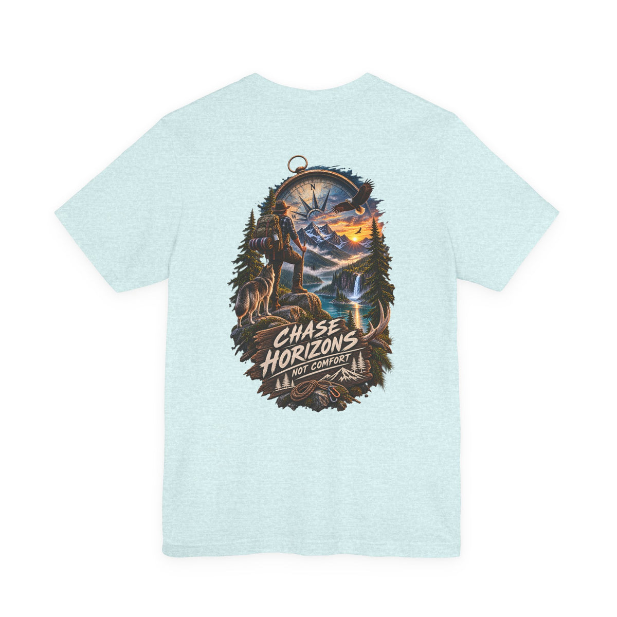 Chase Horizons Adventure T-Shirt — Scenic Back Graphic with 'Chase Horizons, Not Comfort'