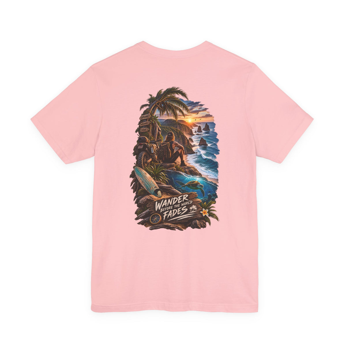 T-Shirt — "Wander Never Fades" Surf Sunset Graphic Tee