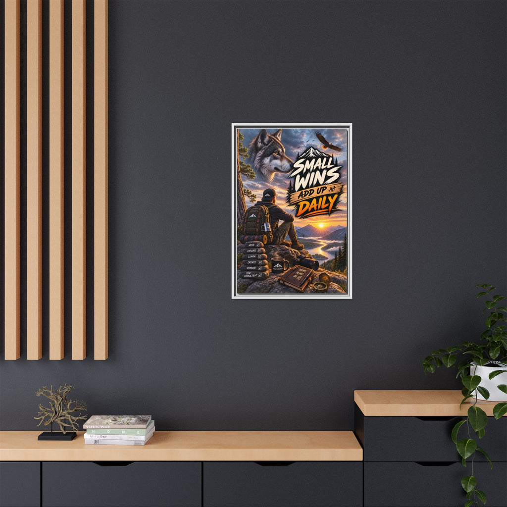 Small Wins Add Up Daily Framed Canvas Wall Art — Motivational Hiking Print