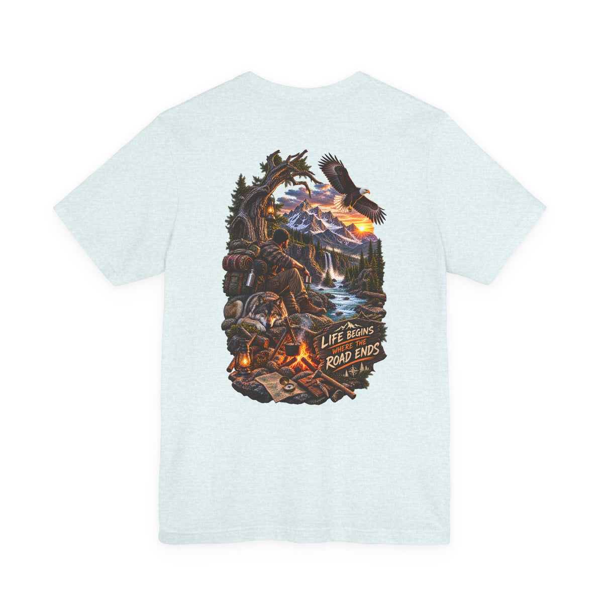 Adventure Campfire Tee — Life Begins Where the Road Ends Graphic T-Shirt