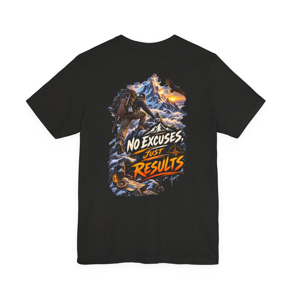 Motivational Climbing T-Shirt — "No Excuses, Just Results" Back Graphic