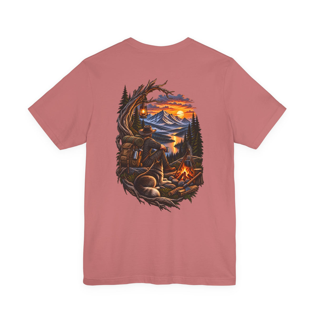 Camping Adventure T-Shirt — Mountain Sunset Campfire Graphic