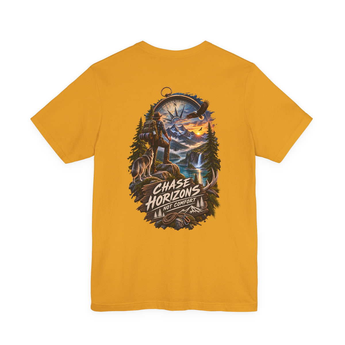 Chase Horizons Adventure T-Shirt — Scenic Back Graphic with 'Chase Horizons, Not Comfort'