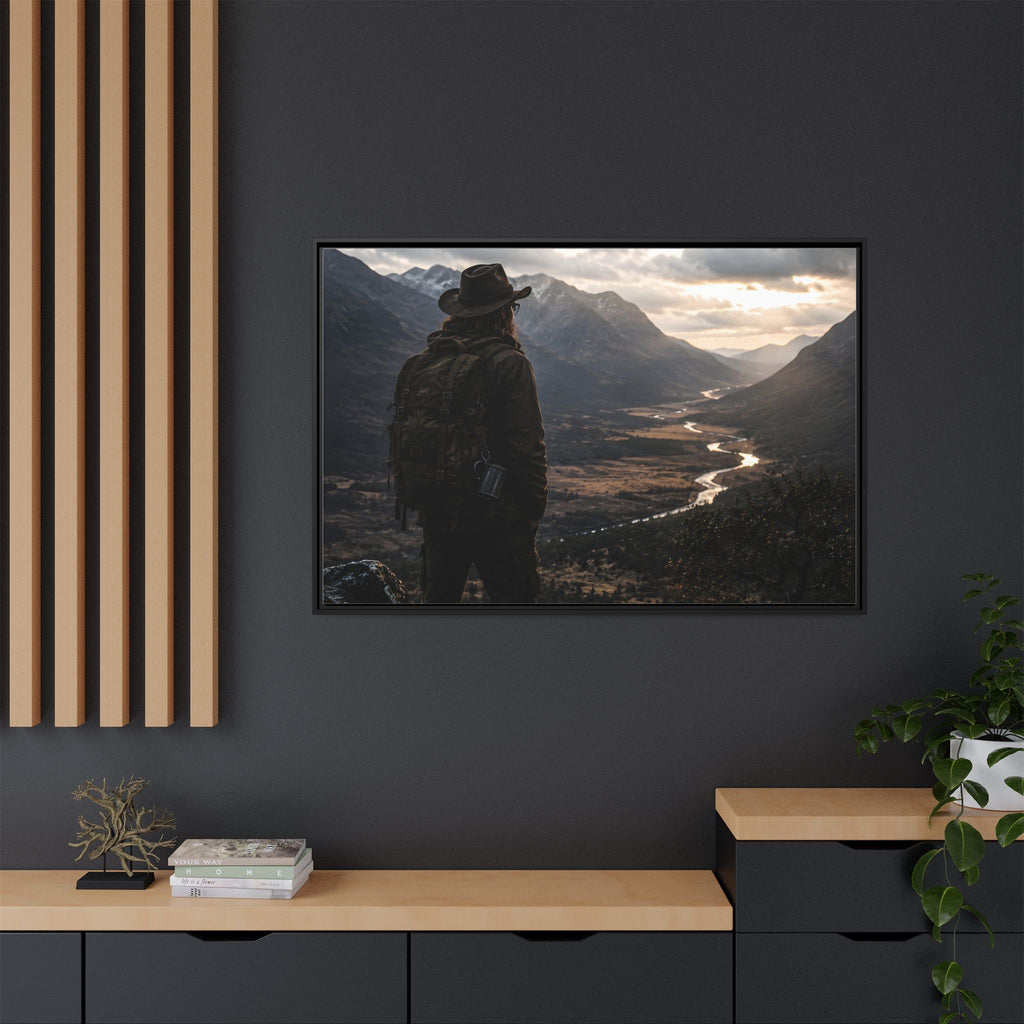 Wanderer in the Valley Matte Framed Canvas – Adventure Landscape Wall Art