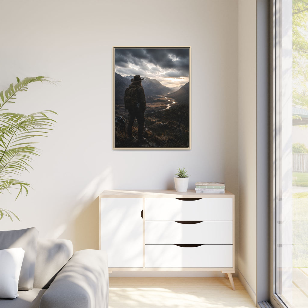 Wanderer in the Valley Matte Framed Canvas – Adventure Landscape Wall Art