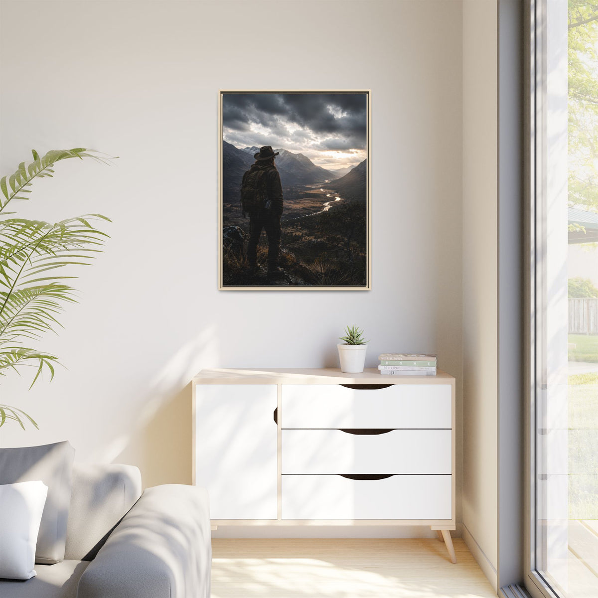 Wanderer in the Valley Matte Framed Canvas – Adventure Landscape Wall Art