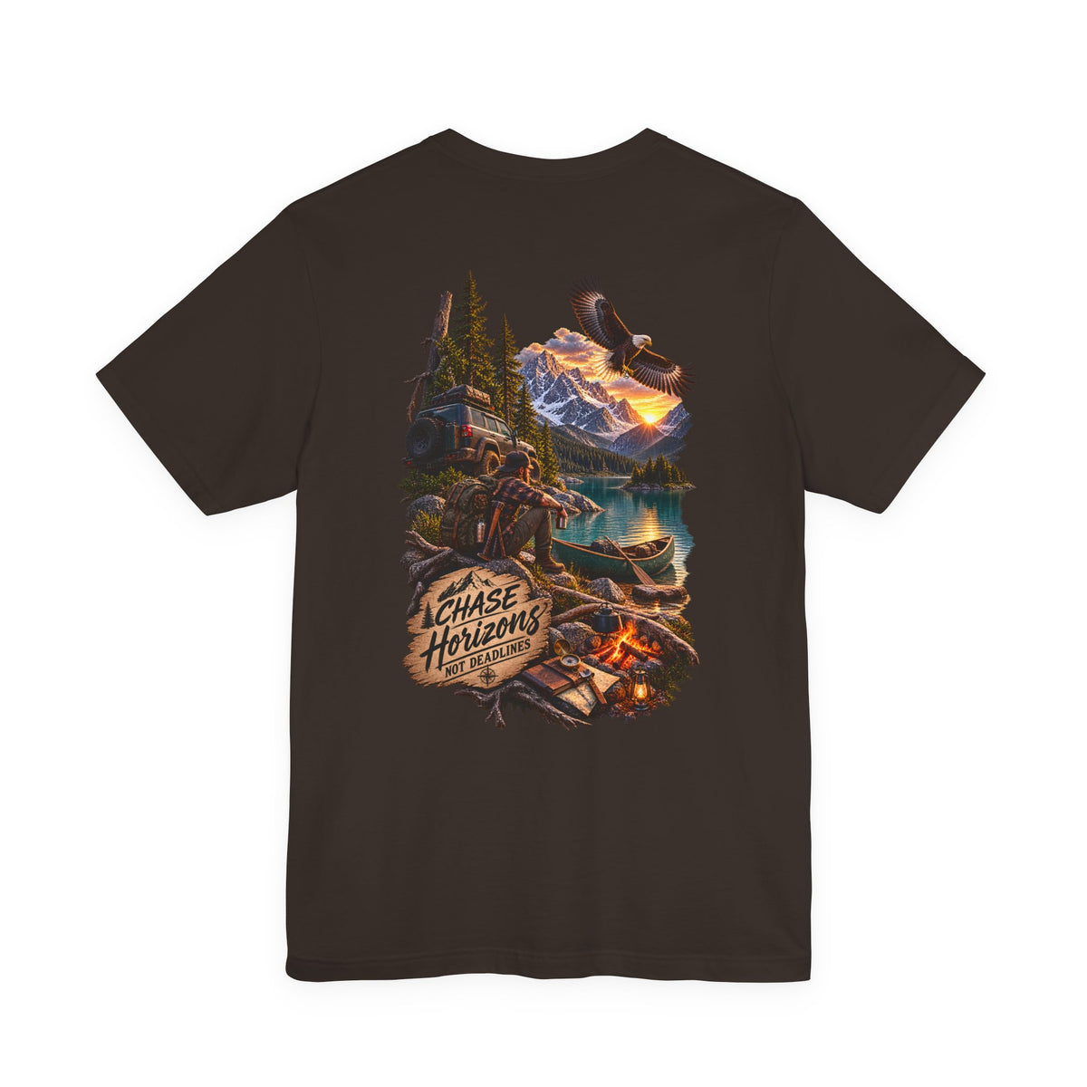 Adventure Graphic Tee — "Chase New Horizons" Mountain & Eagle Back Print