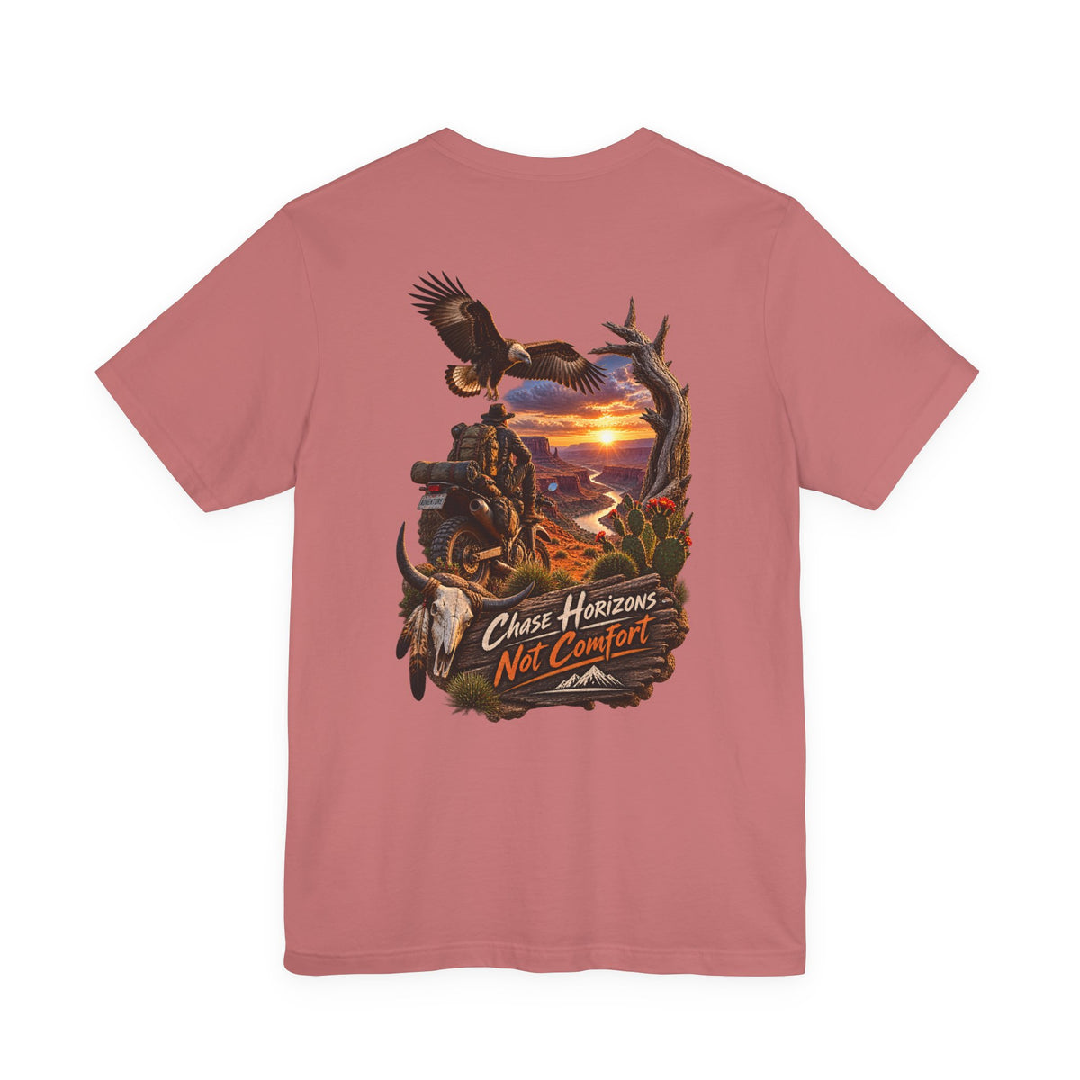 Chase Horizons Not Comfort T-Shirt — Adventure Motorcycle Sunset Graphic Tee