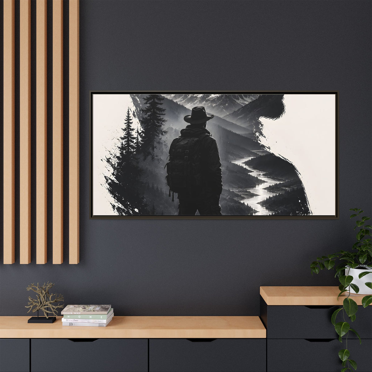 Adventure Silhouette Matte Canvas Framed Print — Mountain Hiker Double Exposure Wall Art