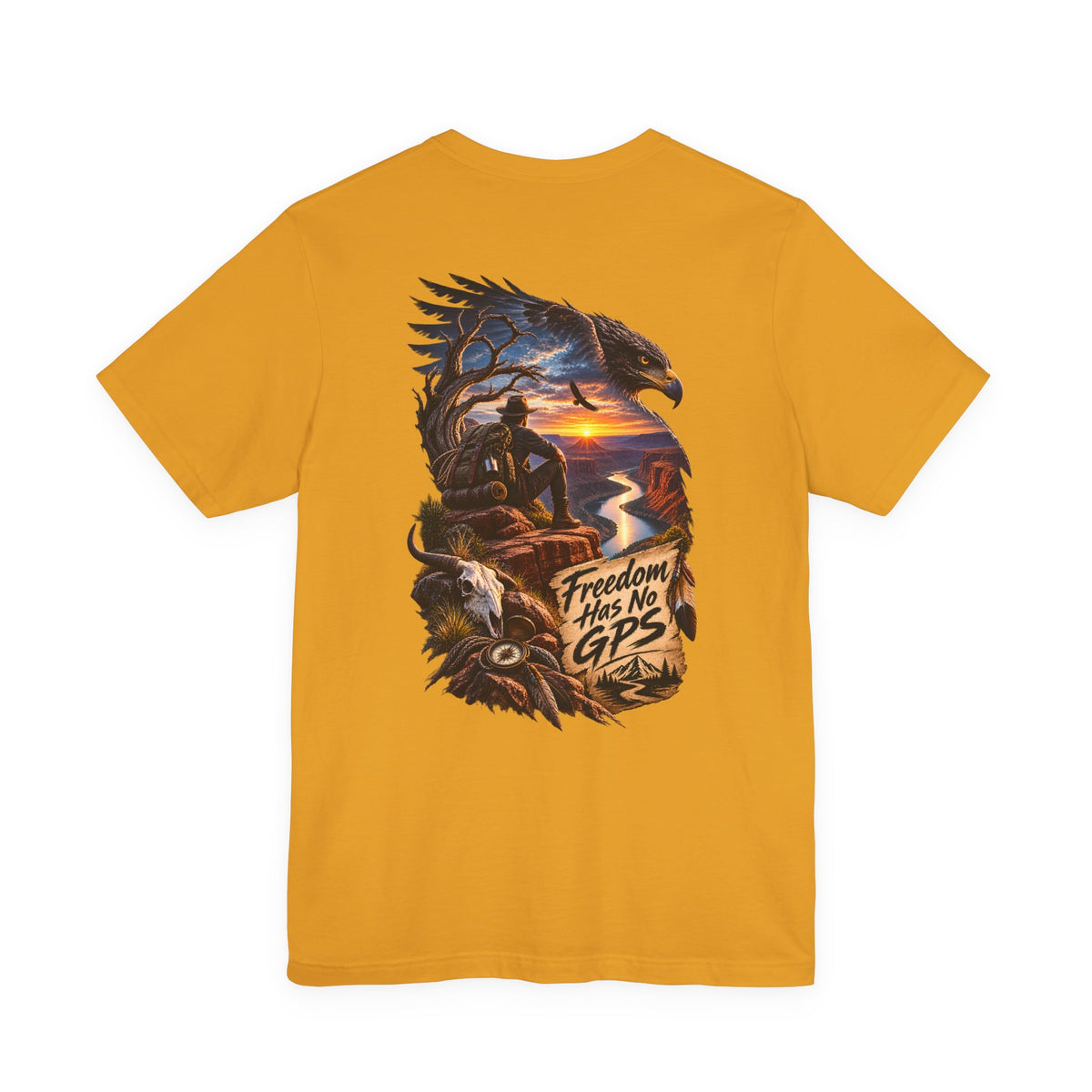 Freedom Has No GPS T‑Shirt — Patriotic Eagle Sunset Vintage Tee