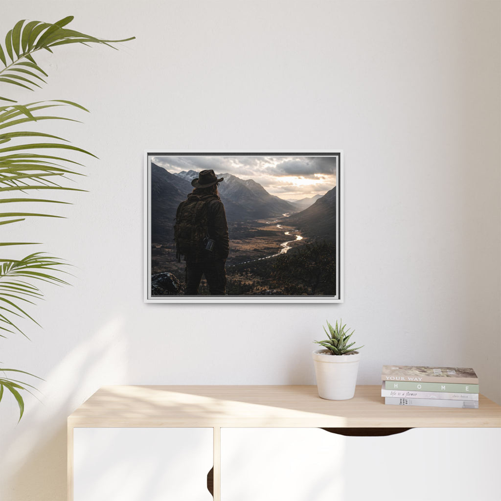 Wanderer in the Valley Matte Framed Canvas – Adventure Landscape Wall Art