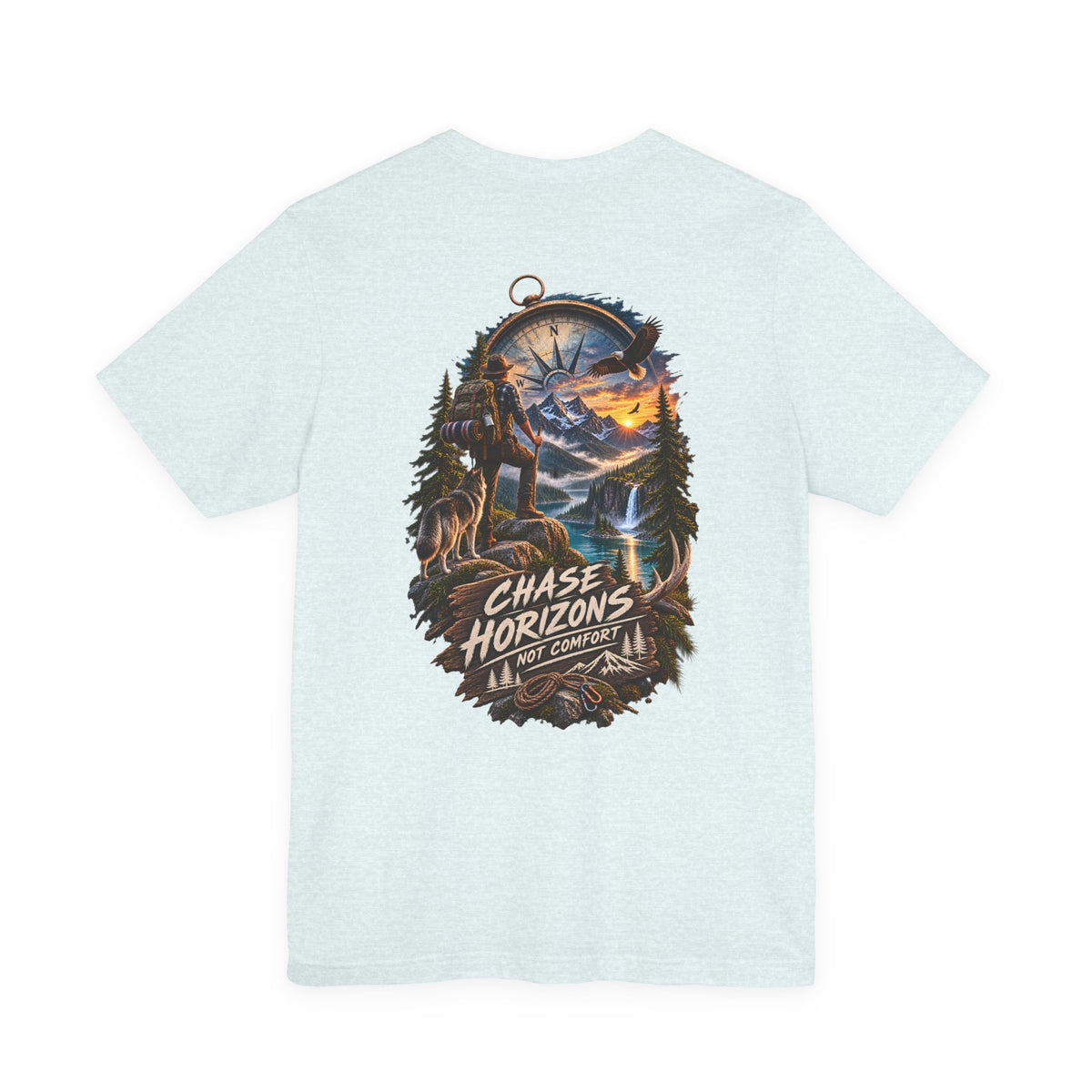 Chase Horizons Adventure T-Shirt — Scenic Back Graphic with 'Chase Horizons, Not Comfort'