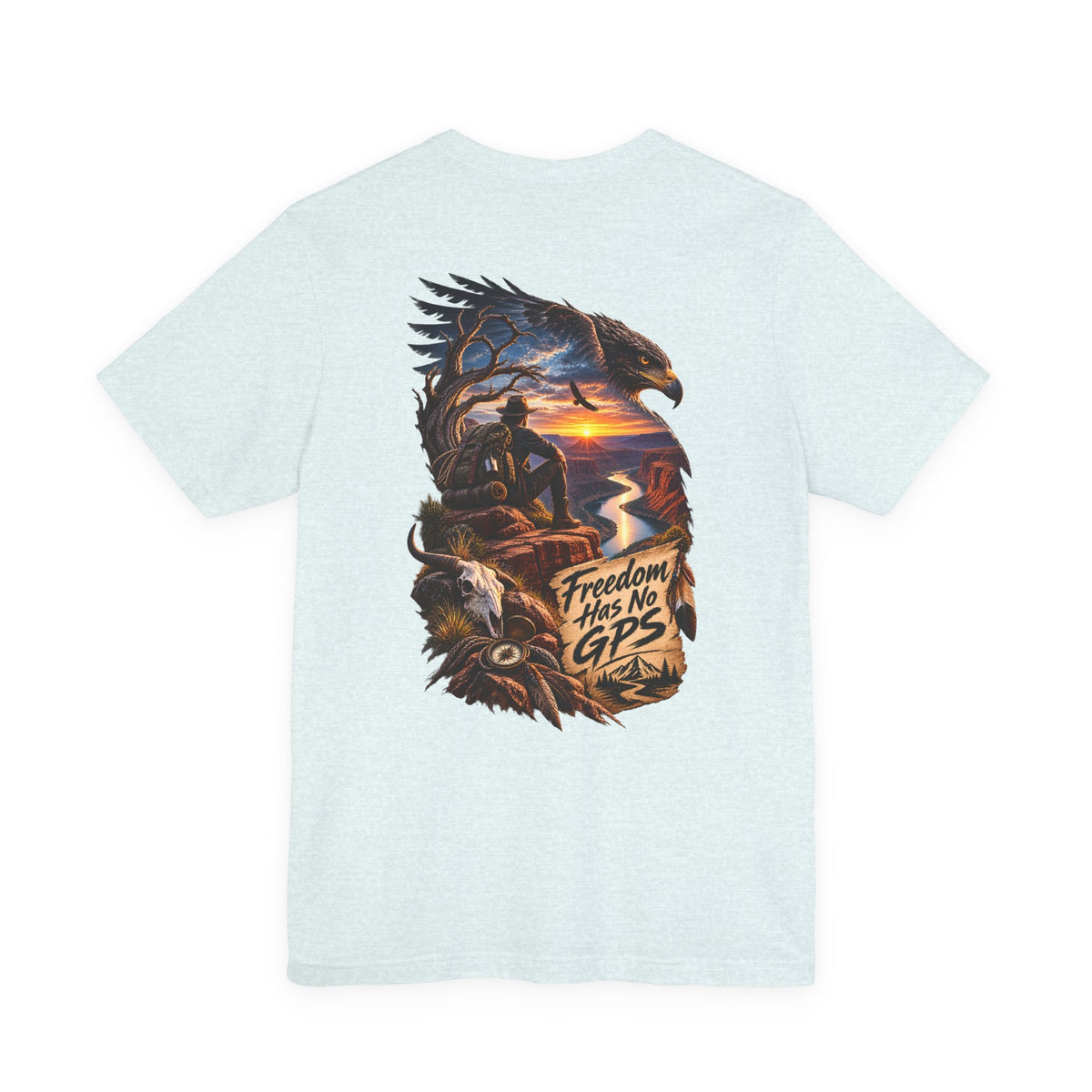 Freedom Has No GPS T‑Shirt — Patriotic Eagle Sunset Vintage Tee