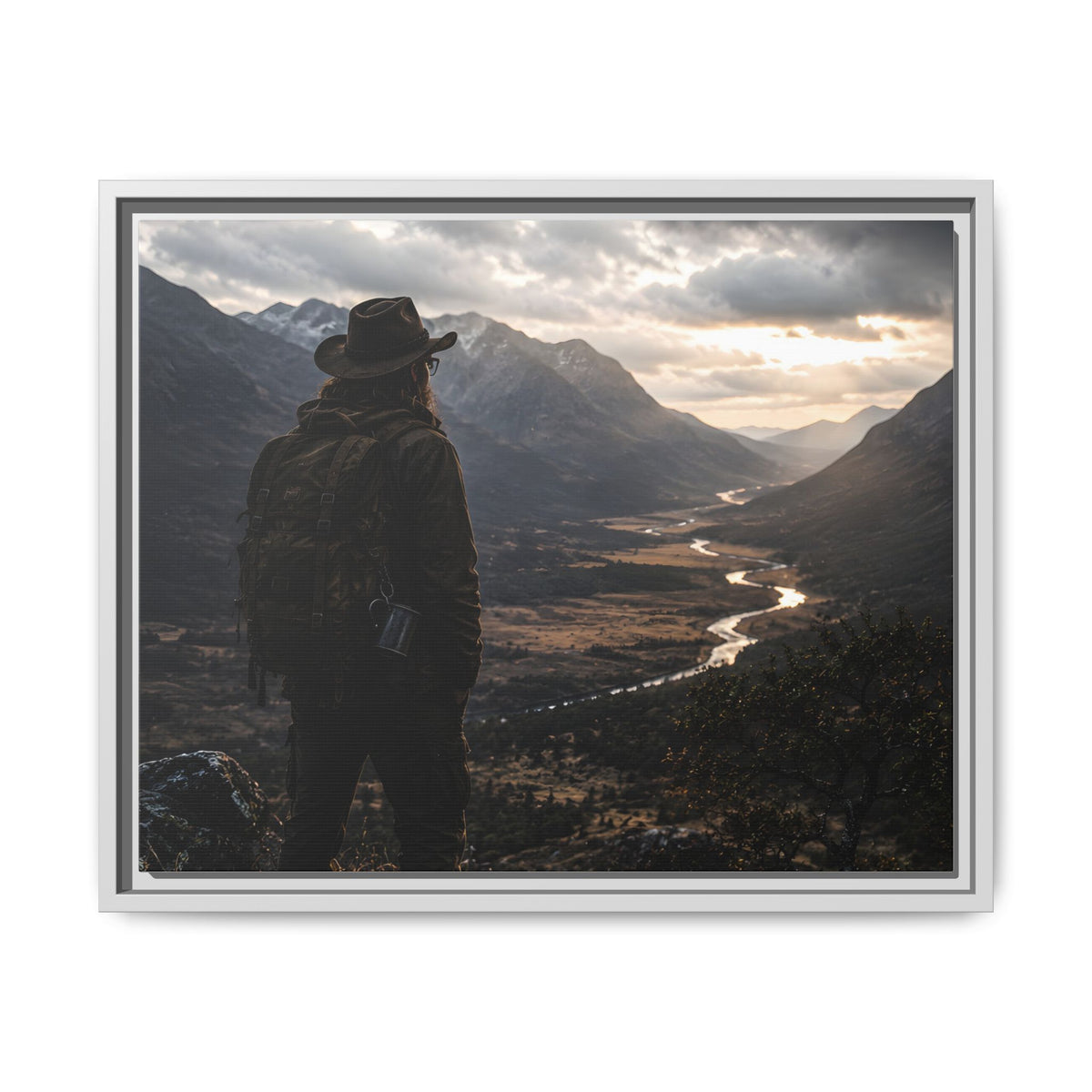 Wanderer in the Valley Matte Framed Canvas – Adventure Landscape Wall Art