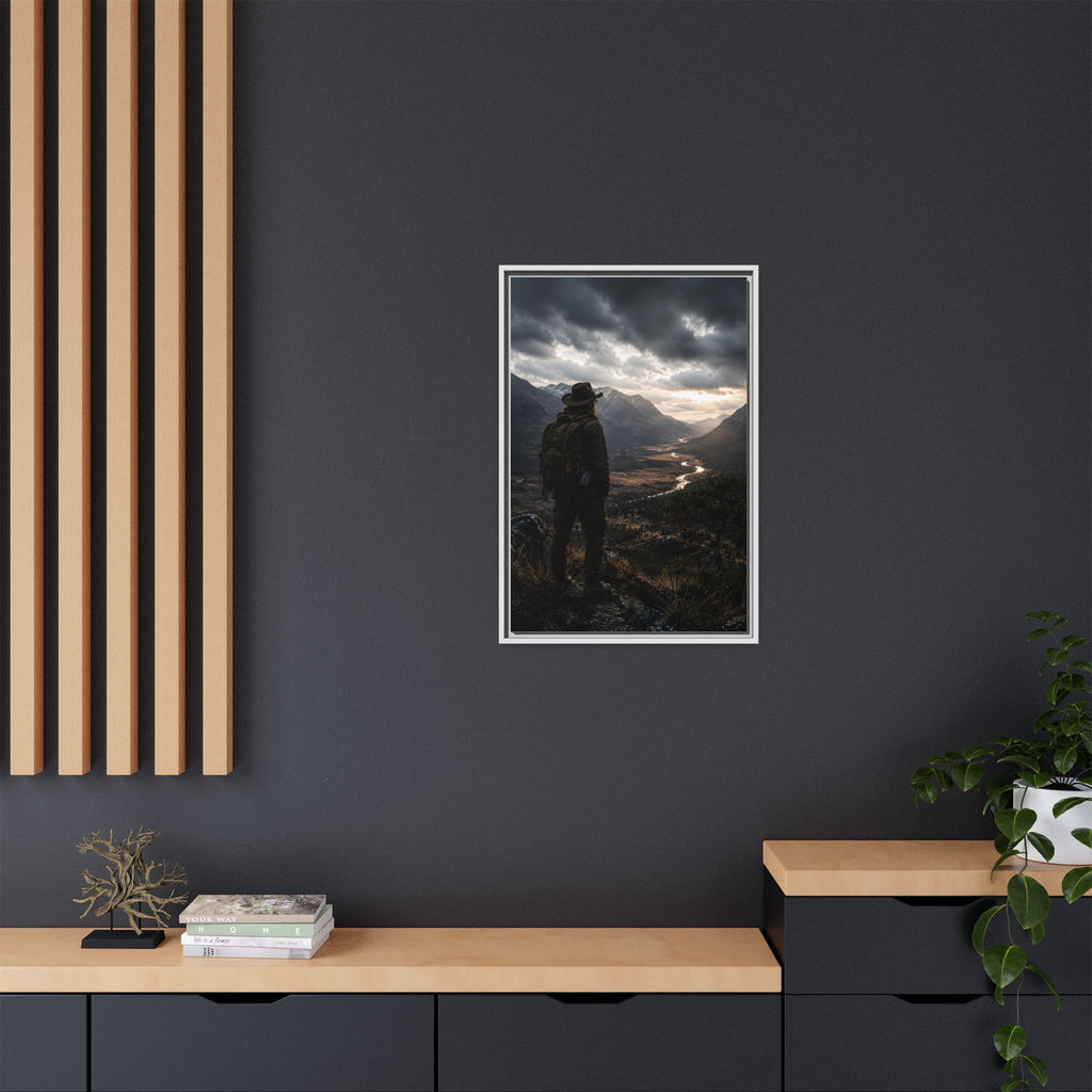 Wanderer in the Valley Matte Framed Canvas – Adventure Landscape Wall Art