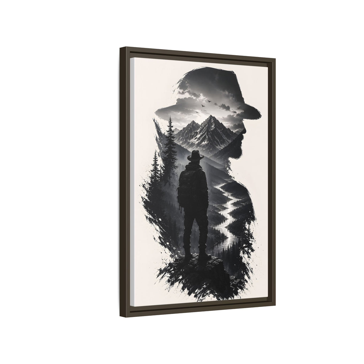 Adventure Silhouette Matte Canvas Framed Print — Mountain Hiker Double Exposure Wall Art