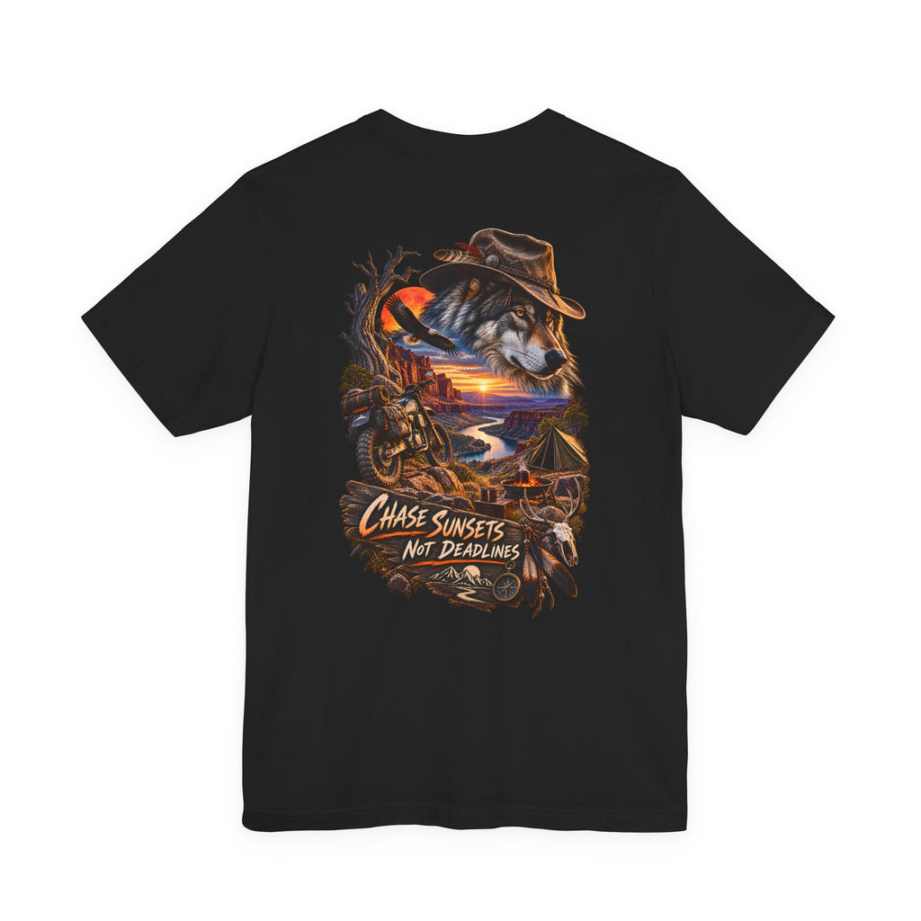 Chase Sunsets Graphic Tee — Motorcycle Sunset Rider Back Print