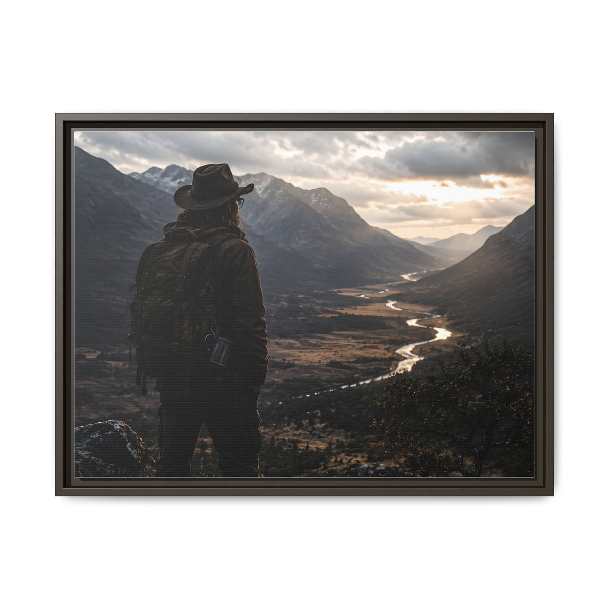 Wanderer in the Valley Matte Framed Canvas – Adventure Landscape Wall Art