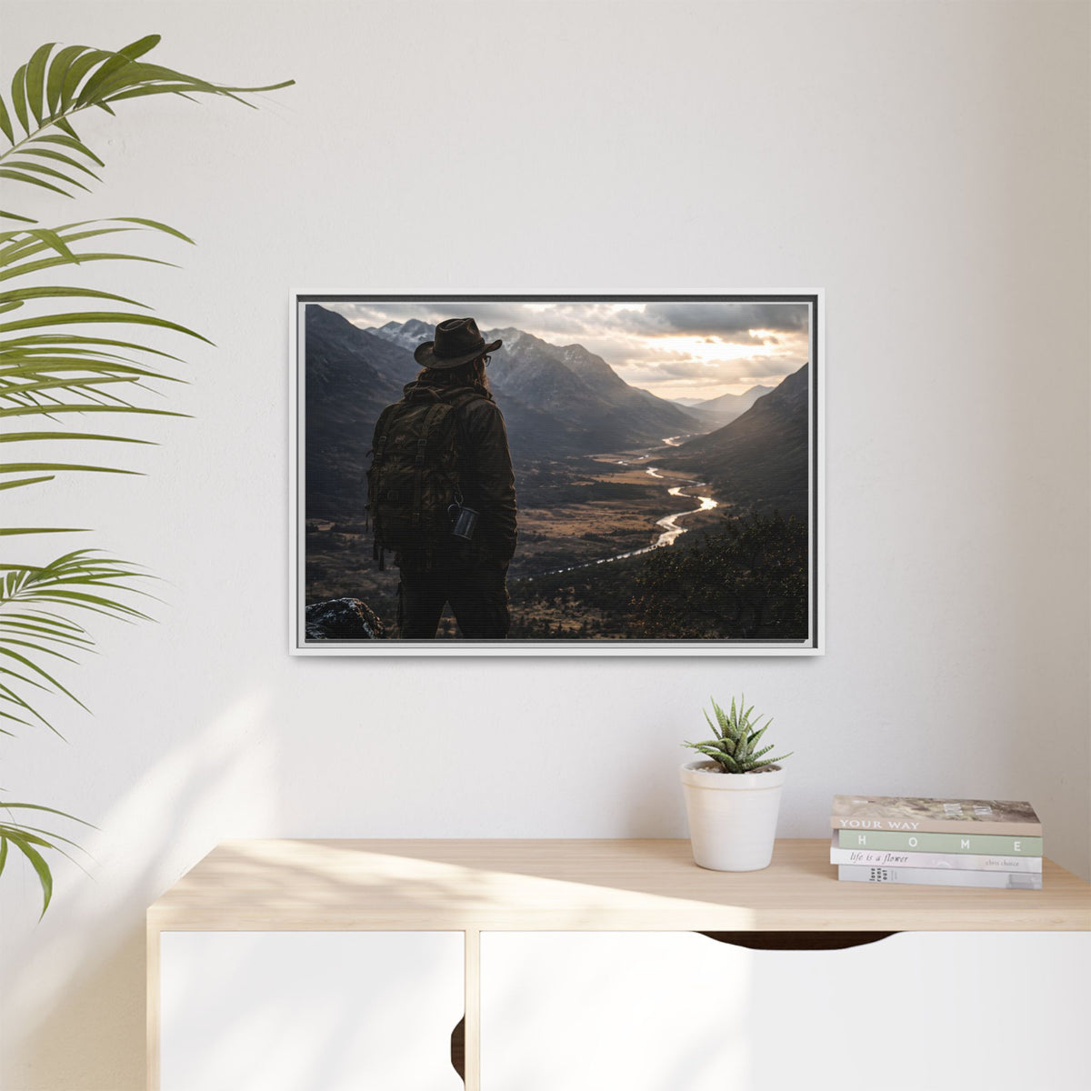 Wanderer in the Valley Matte Framed Canvas – Adventure Landscape Wall Art