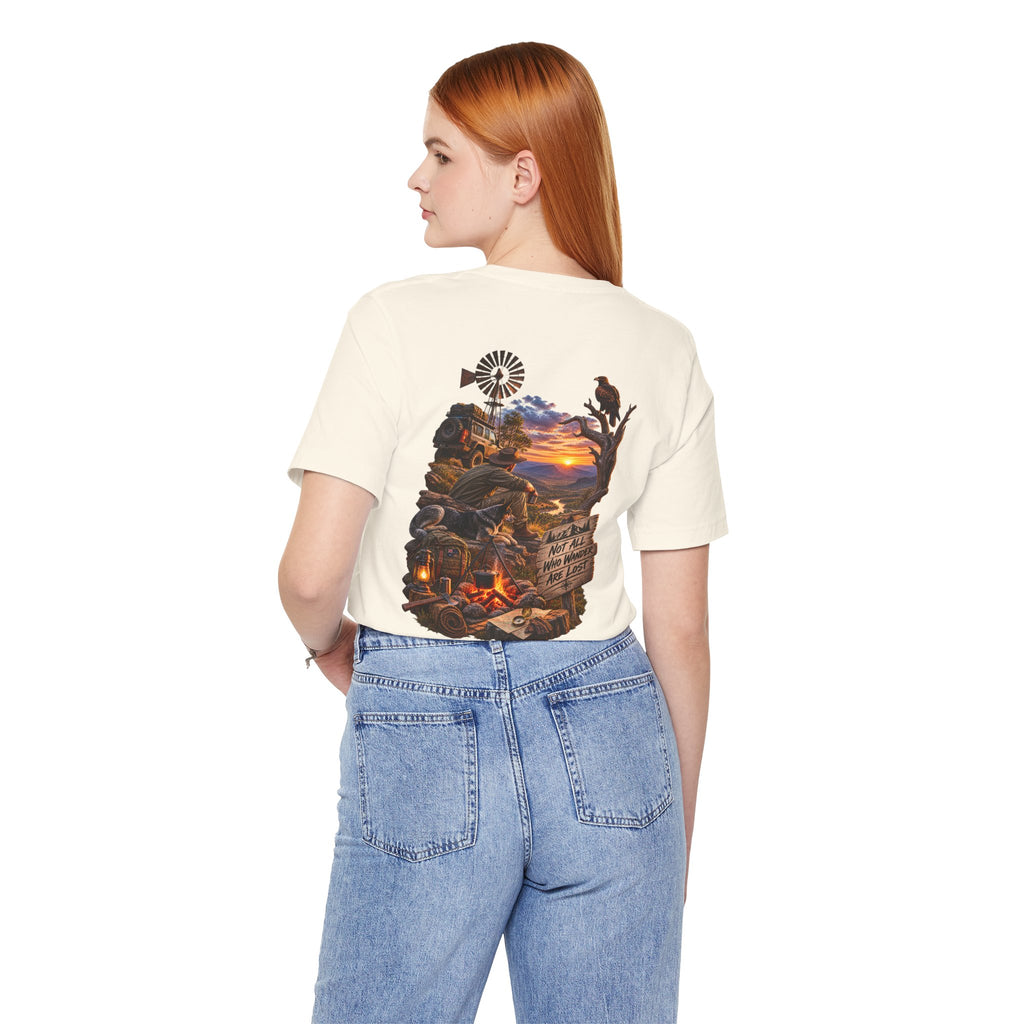 Sunset Campfire Western Tee — "Not All Who Wander Are Lost"