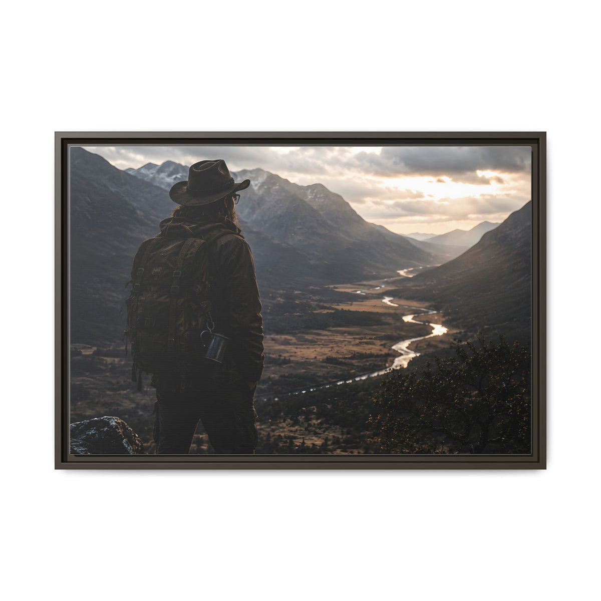 Wanderer in the Valley Matte Framed Canvas – Adventure Landscape Wall Art