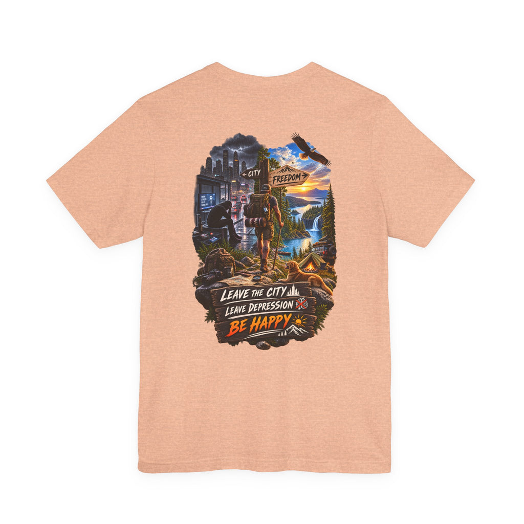 T-shirt « Quittez la ville, laissez la dépression derrière vous, soyez heureux » — T-shirt graphique sur le thème de la santé mentale en plein air