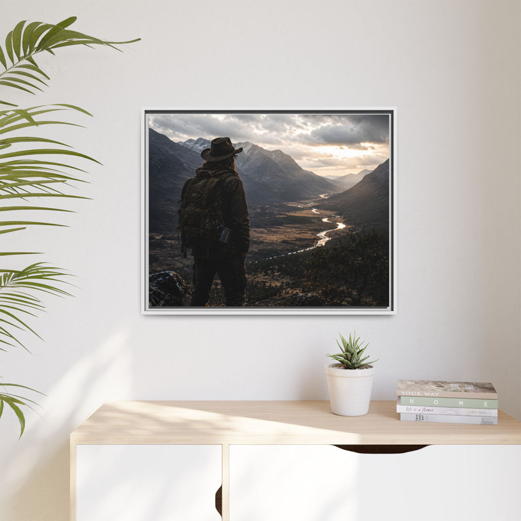 Wanderer in the Valley Matte Framed Canvas – Adventure Landscape Wall Art