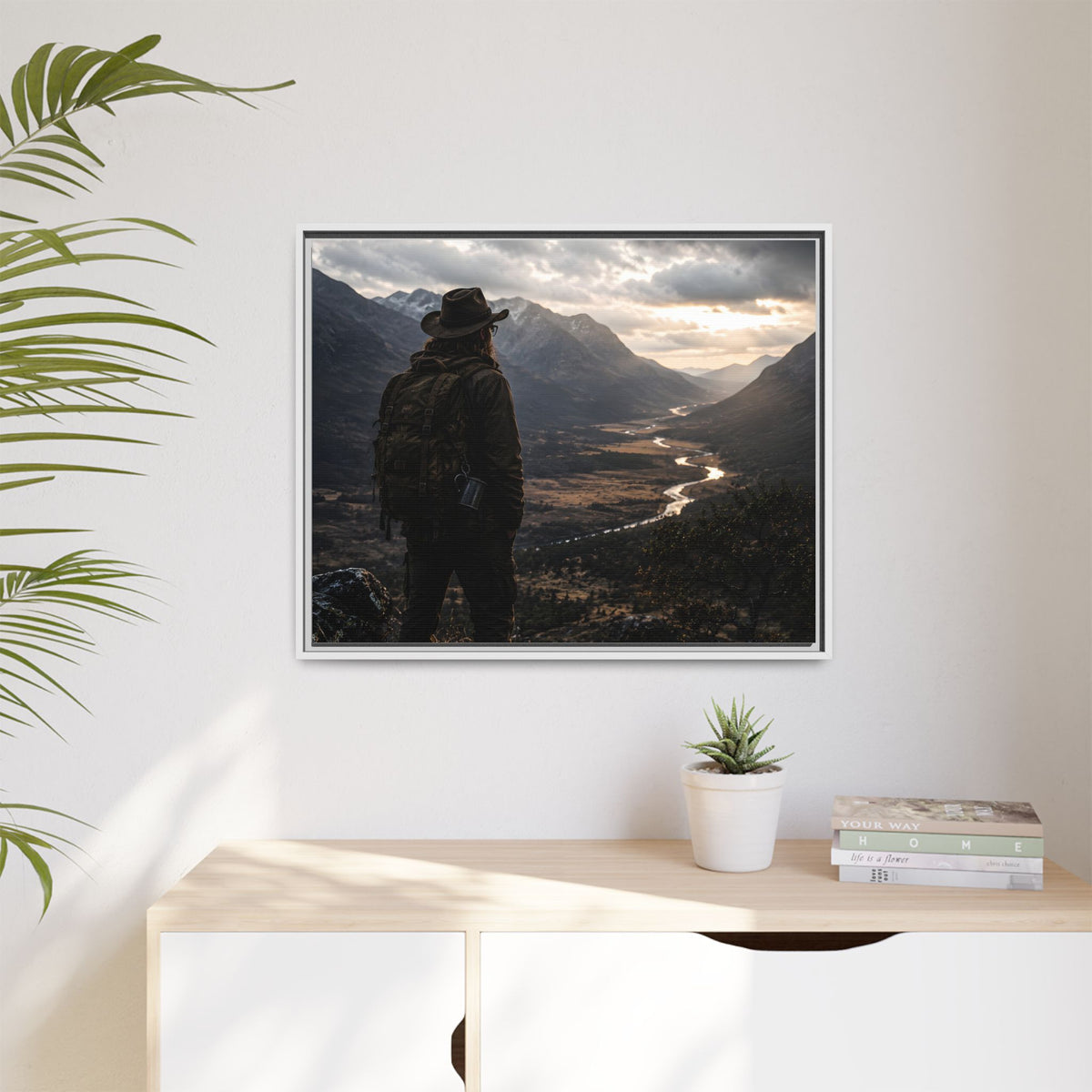 Wanderer in the Valley Matte Framed Canvas – Adventure Landscape Wall Art