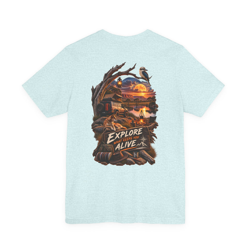 T-shirt Explore Alive Adventure — T-shirt à motif coucher de soleil pour le camping en plein air