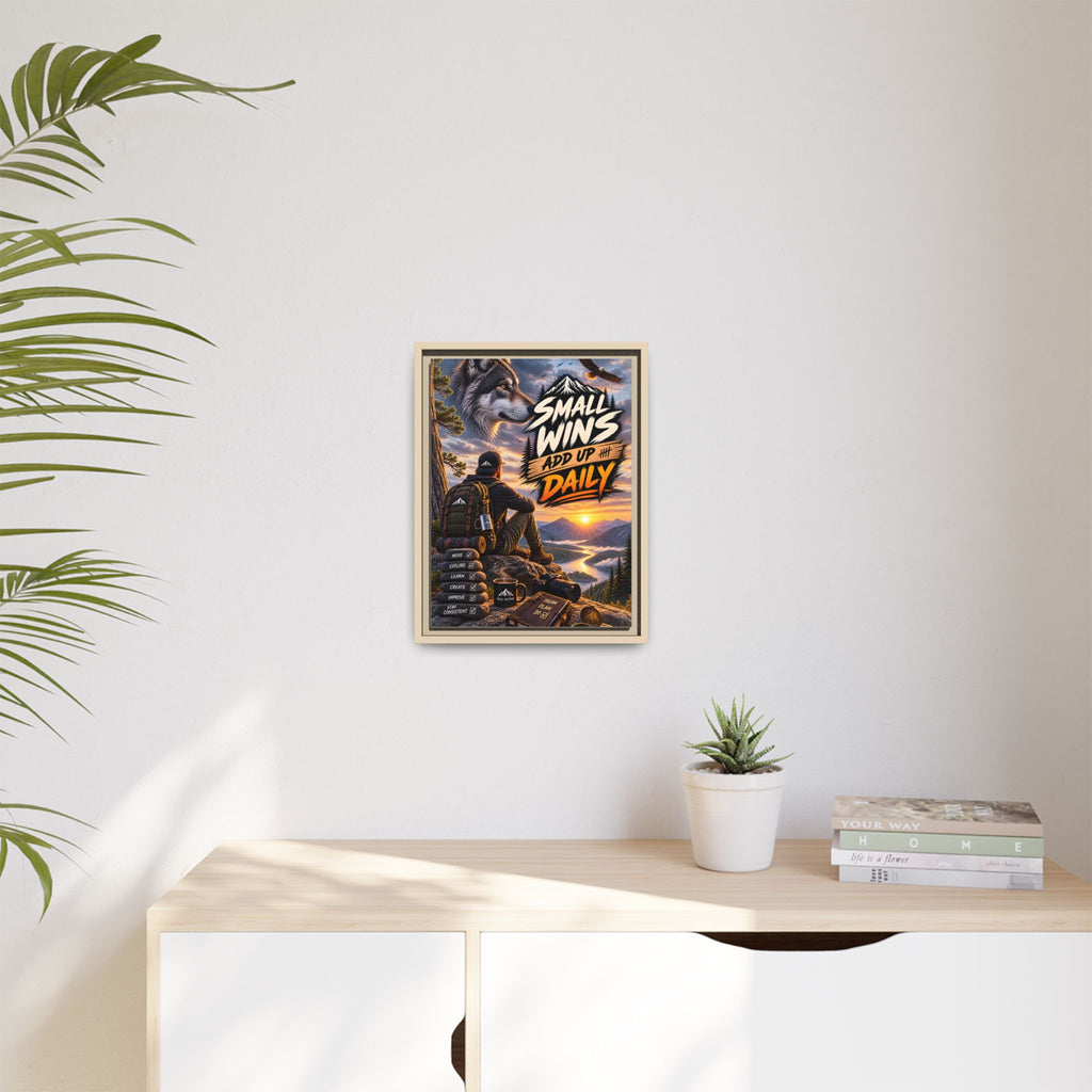 Small Wins Add Up Daily Framed Canvas Wall Art — Motivational Hiking Print