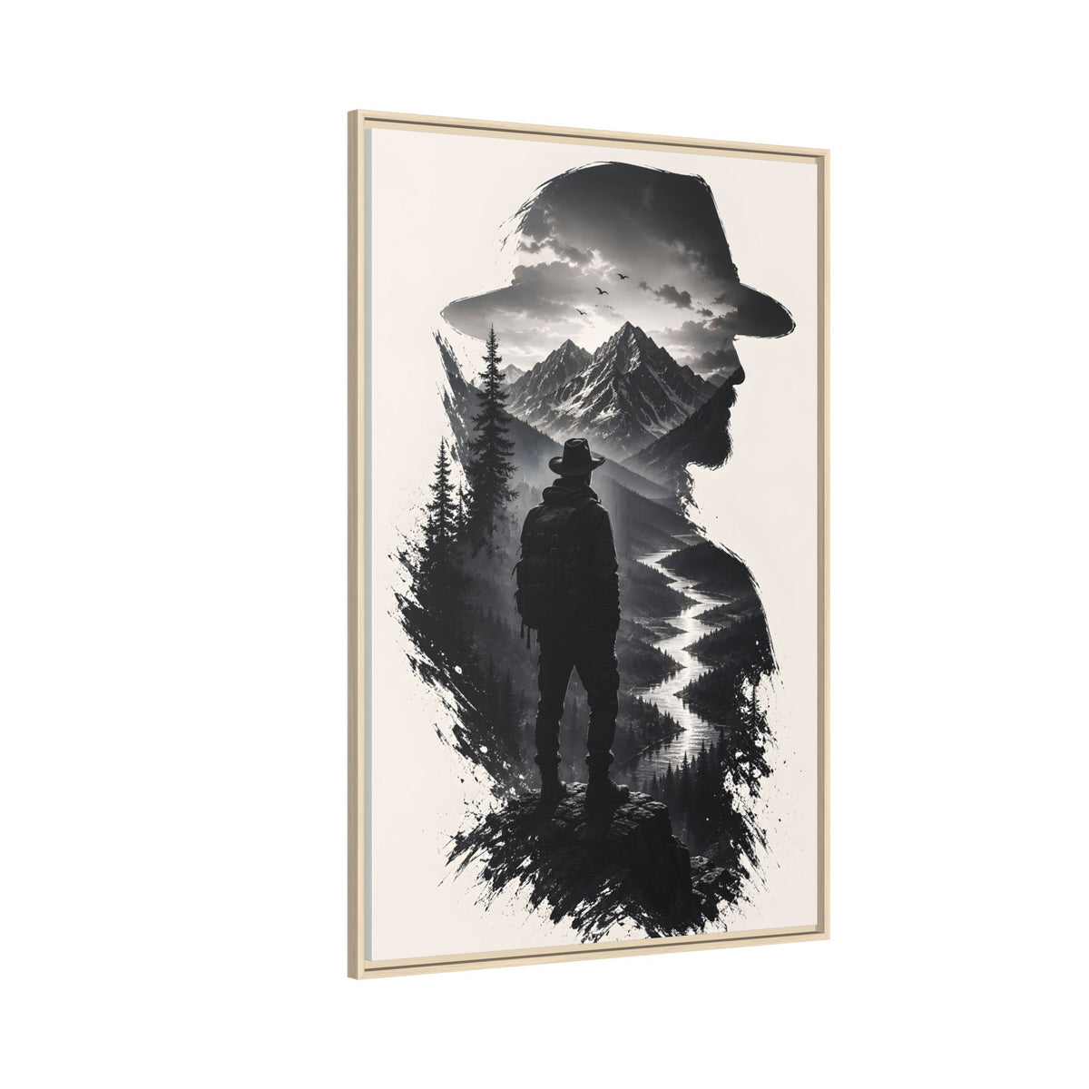 Adventure Silhouette Matte Canvas Framed Print — Mountain Hiker Double Exposure Wall Art