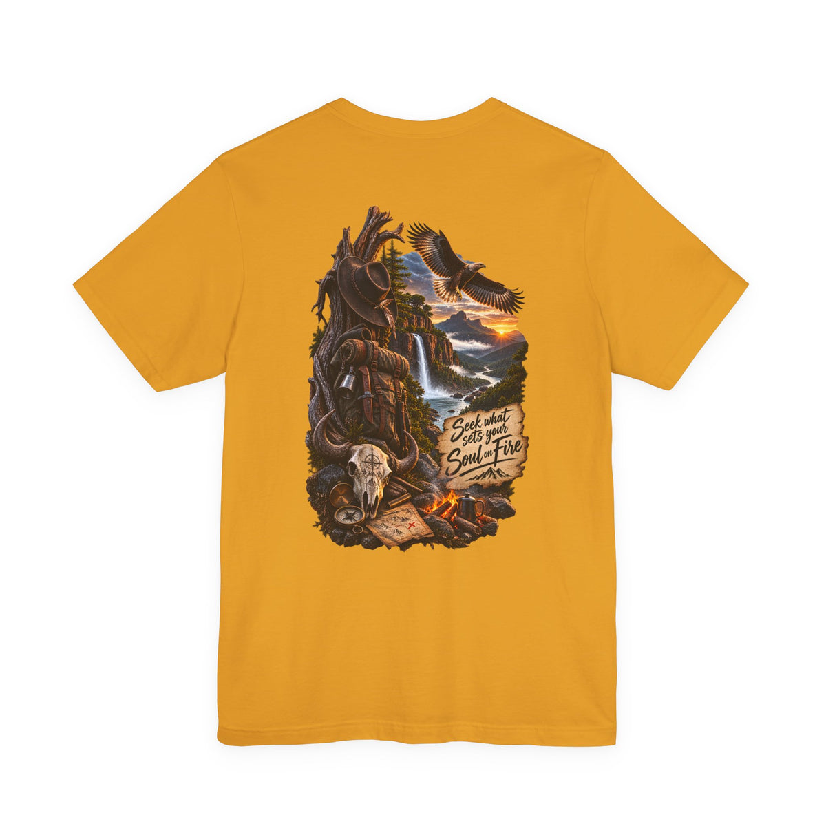 Western Wilderness T‑Shirt — “Seek the Sun, Find the Fire” Scenic Eagle & Skull Tee