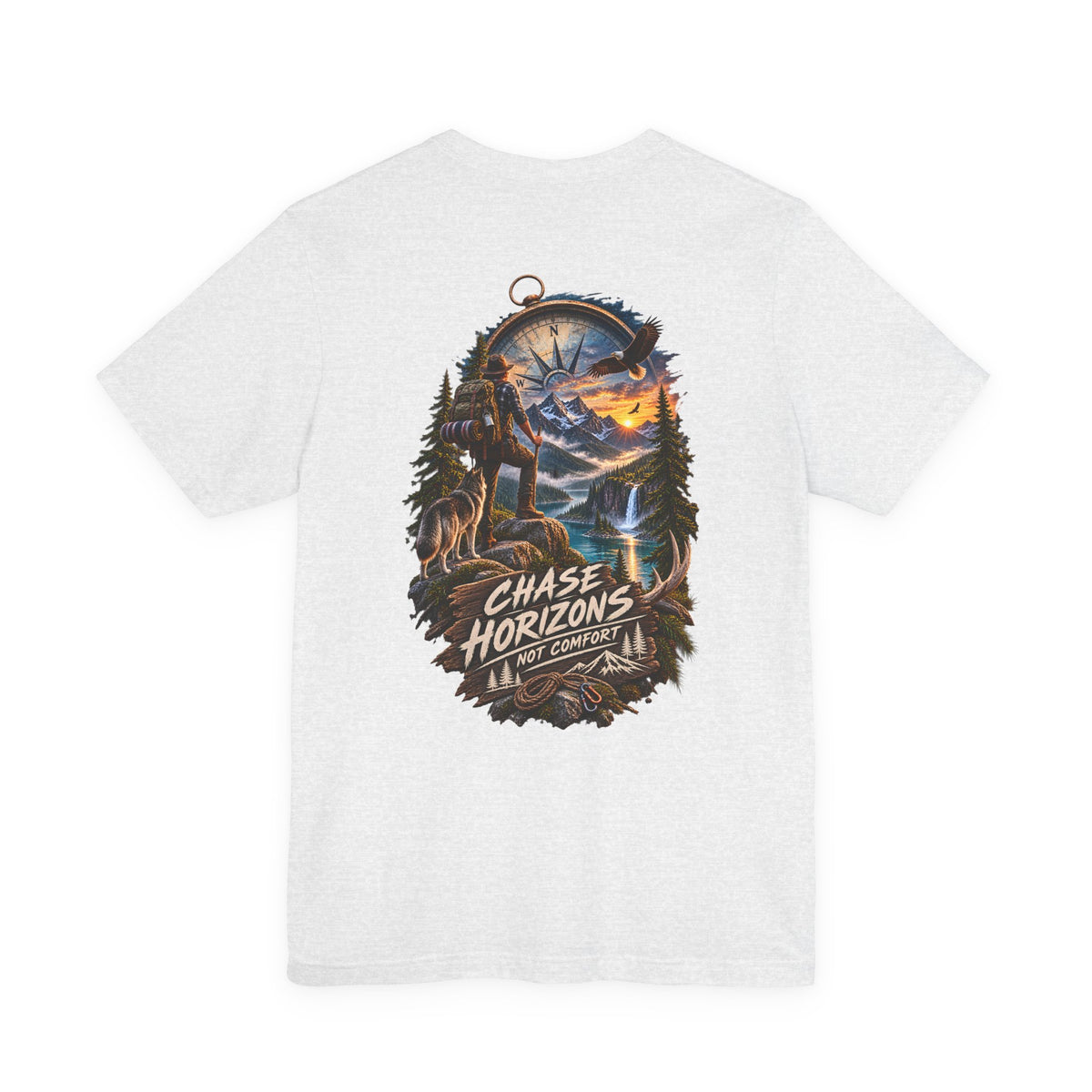 Chase Horizons Adventure T-Shirt — Scenic Back Graphic with 'Chase Horizons, Not Comfort'