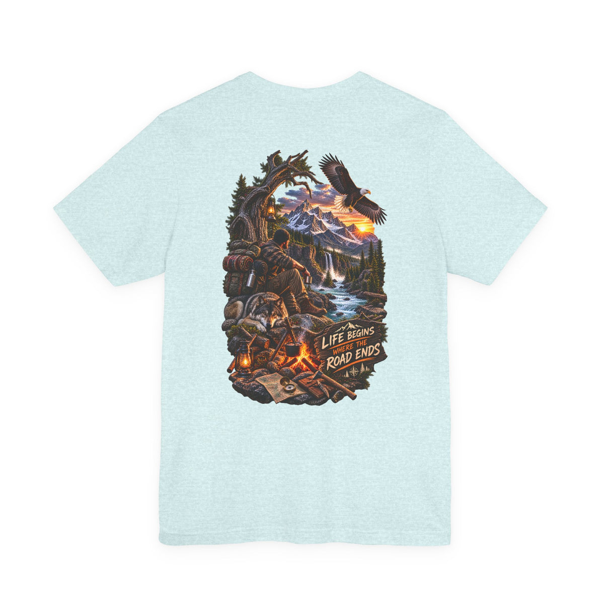 Adventure Campfire Tee — Life Begins Where the Road Ends Graphic T-Shirt