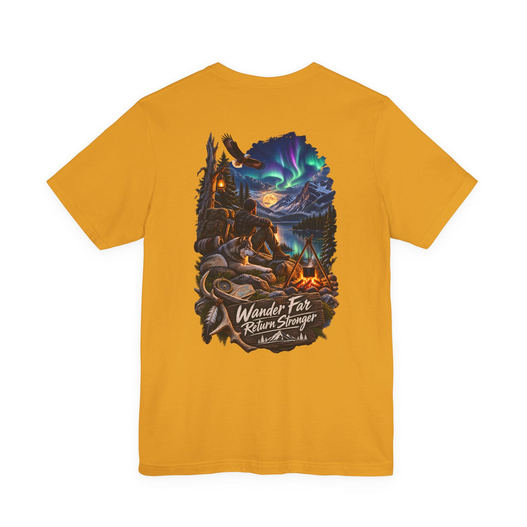 T-shirt de camp Wander Far, Return Stronger — T-shirt d'aventure aurores boréales