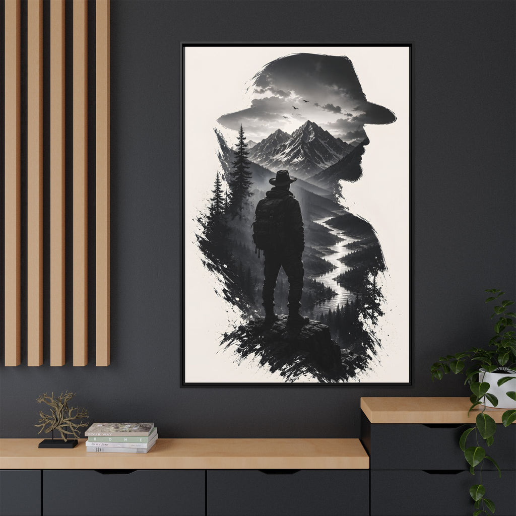 Adventure Silhouette Matte Canvas Framed Print — Mountain Hiker Double Exposure Wall Art