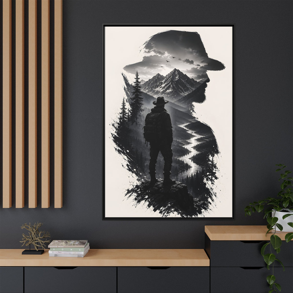 Adventure Silhouette Matte Canvas Framed Print — Mountain Hiker Double Exposure Wall Art