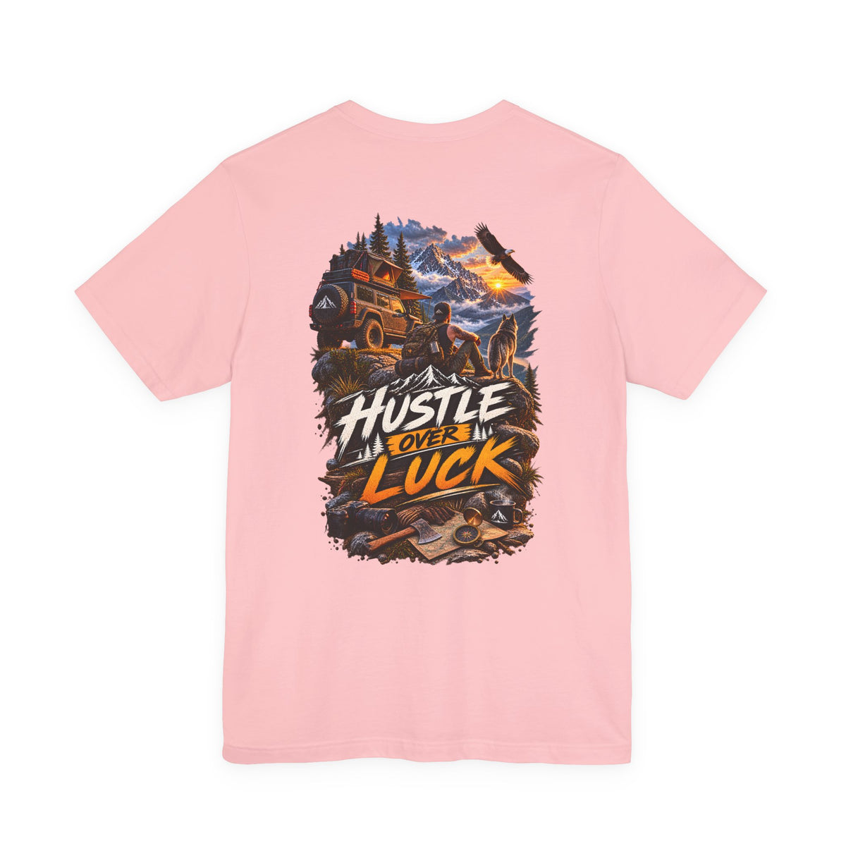 Hustle Over Luck Graphic Tee — Adventure Motivation Mountain T-Shirt