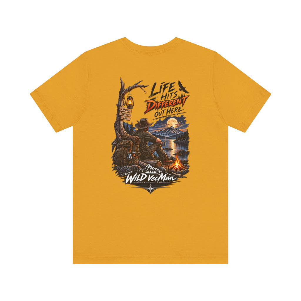 Adventure Campfire T-Shirt — “Life Hits Different Out Here” Graphic Tee