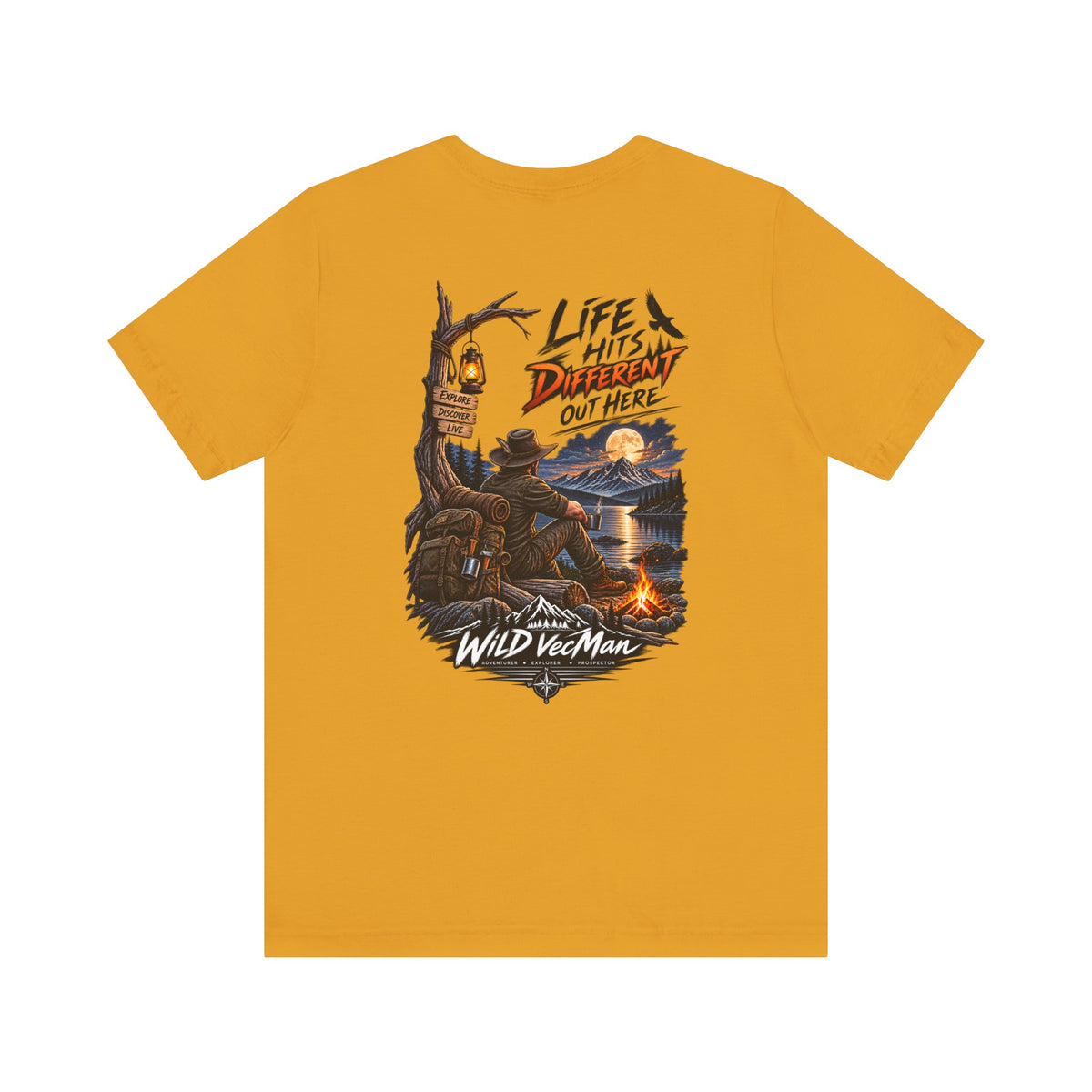 Adventure Campfire T-Shirt — “Life Hits Different Out Here” Graphic Tee