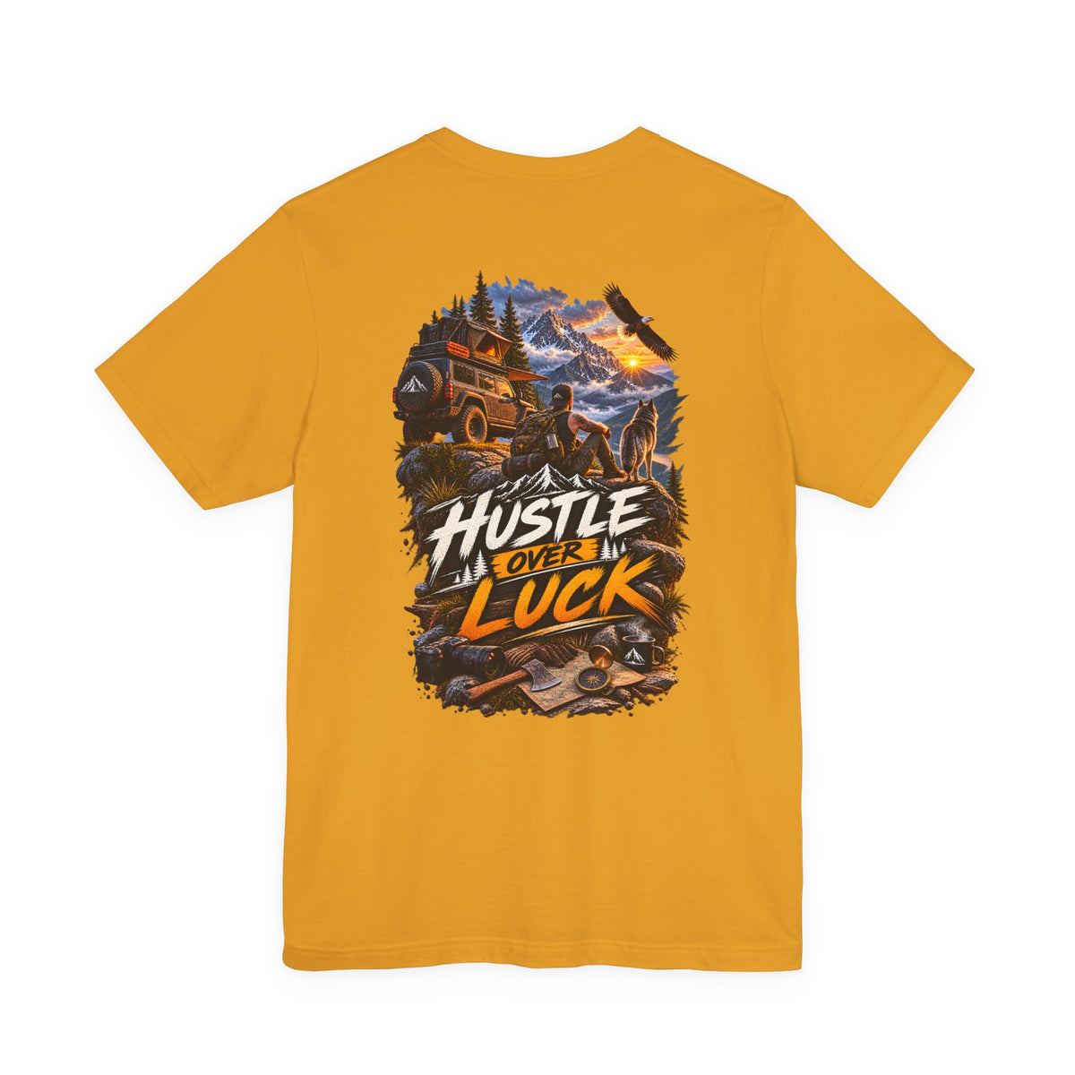 Hustle Over Luck Graphic Tee — Adventure Motivation Mountain T-Shirt
