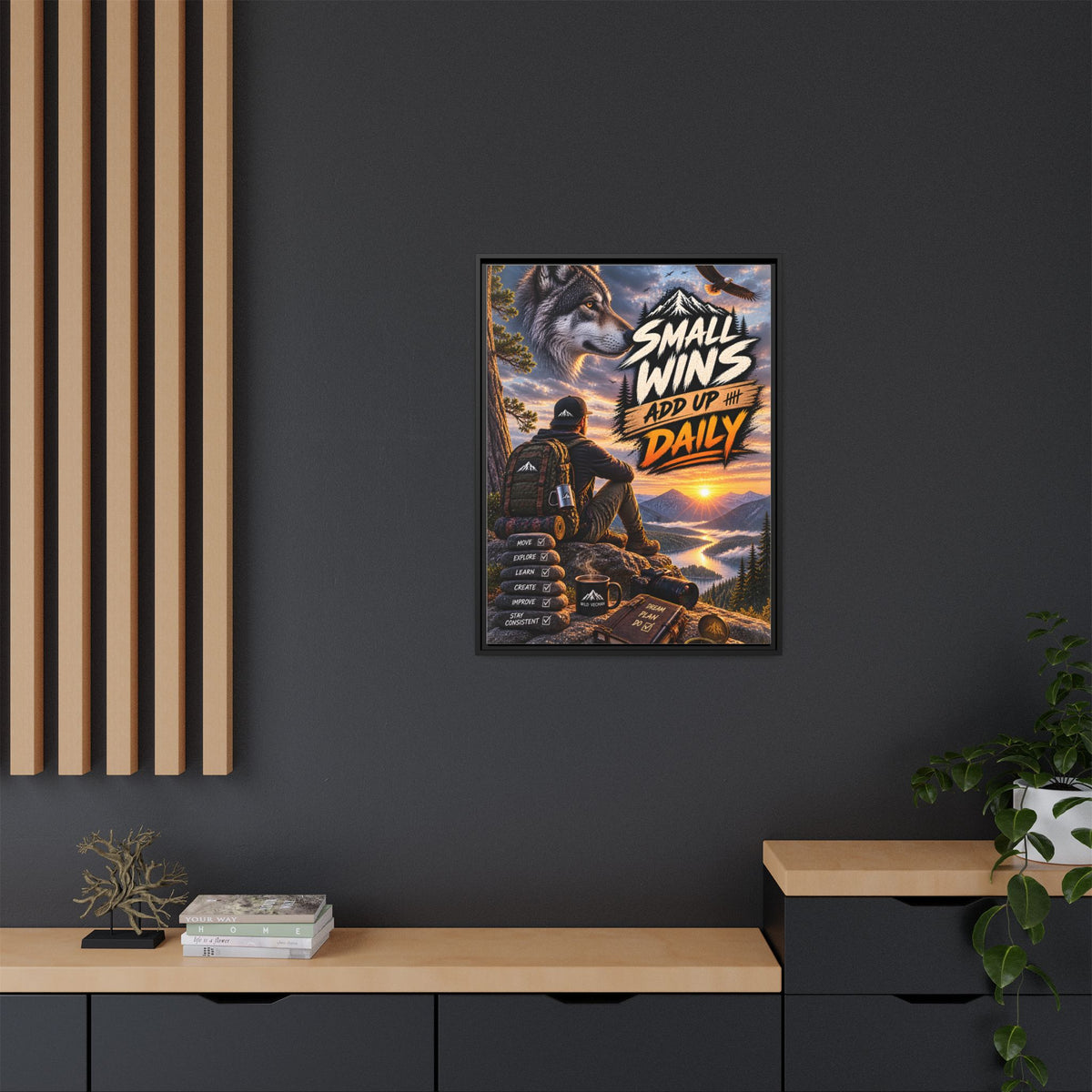 Small Wins Add Up Daily Framed Canvas Wall Art — Motivational Hiking Print