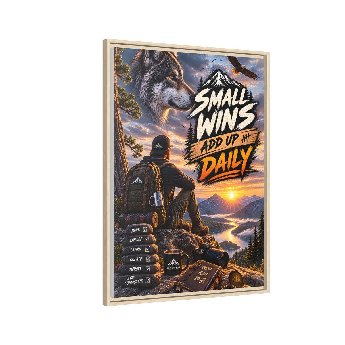 Small Wins Add Up Daily Framed Canvas Wall Art — Motivational Hiking Print