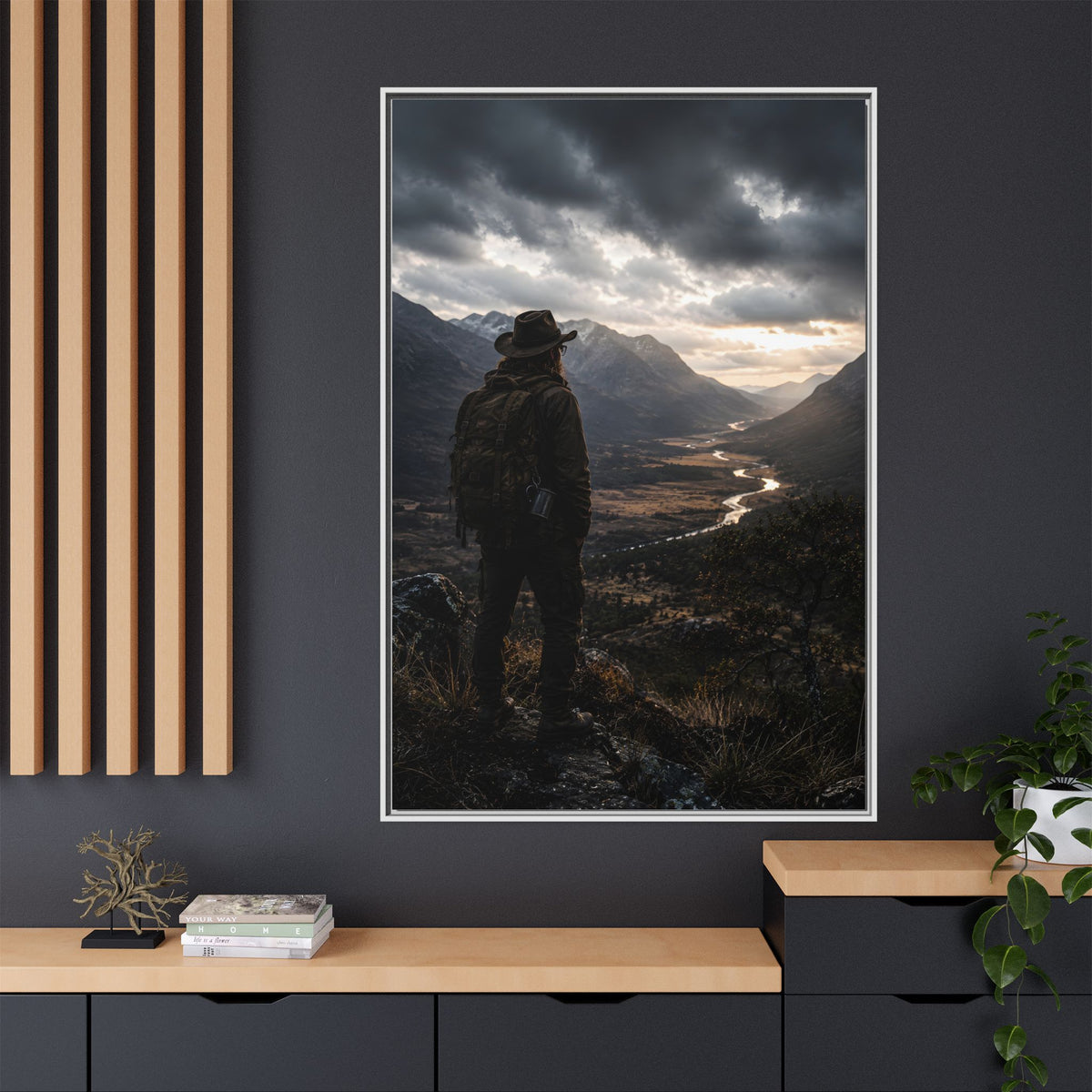 Wanderer in the Valley Matte Framed Canvas – Adventure Landscape Wall Art
