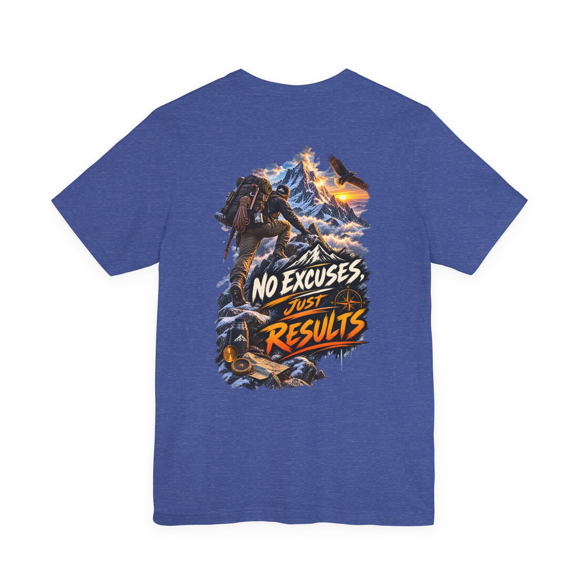 Motivational Climbing T-Shirt — "No Excuses, Just Results" Back Graphic