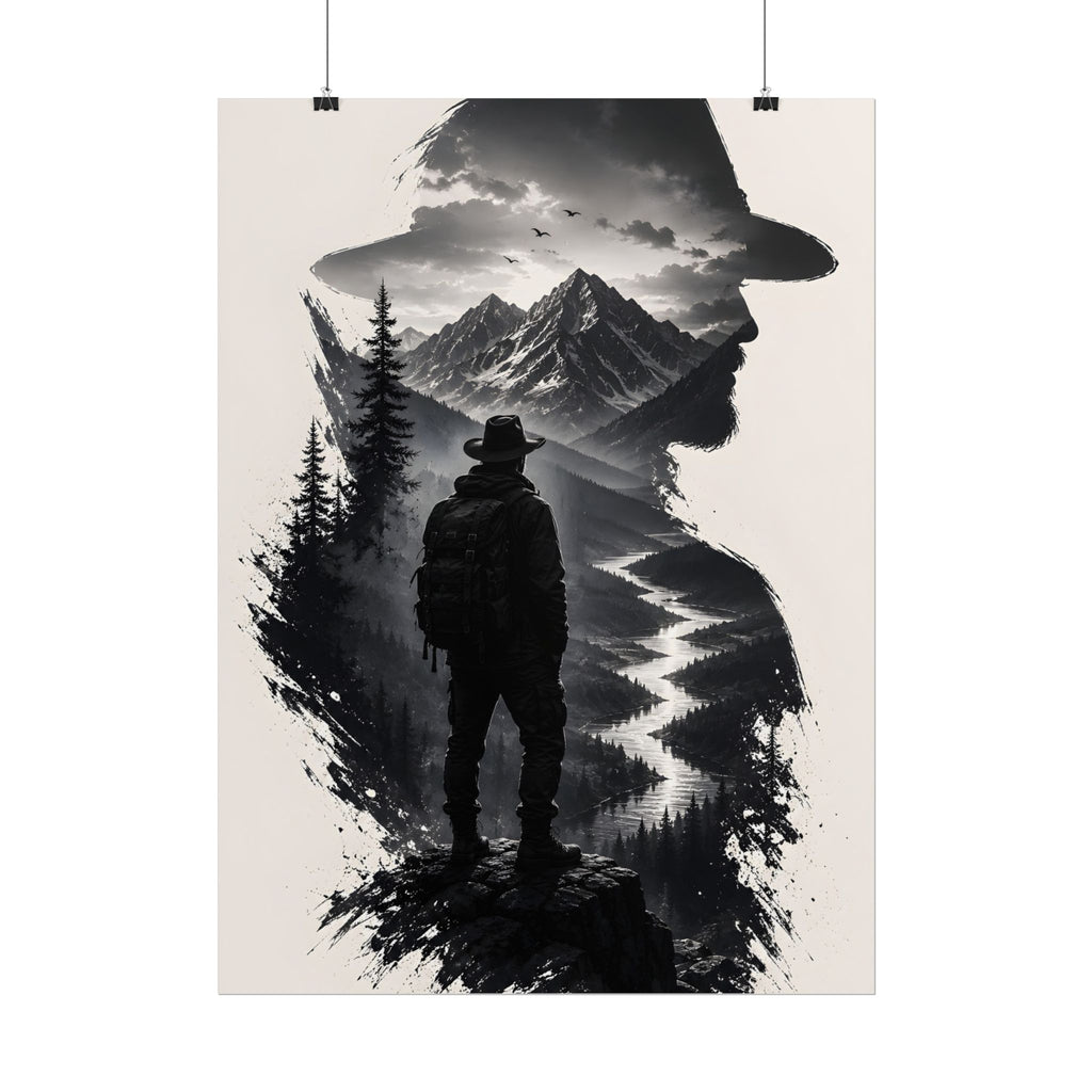Adventure Silhouette Poster — Hiker, Mountains & River Rolled Wall Art